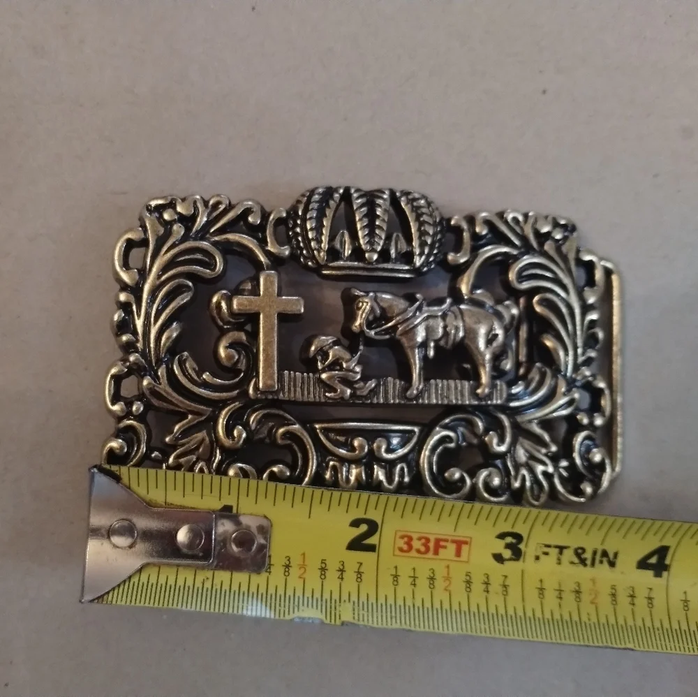 Western Belt Buckle Cross Crown Horse Cowboy Antique Tone